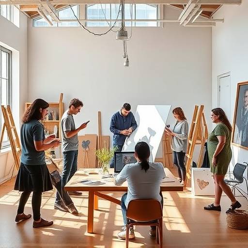 A diverse group of people collaborating in a modern photo studio, bathed in natural light.