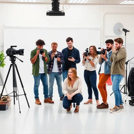 A diverse group of photographers collaborating in a bright, modern studio space.