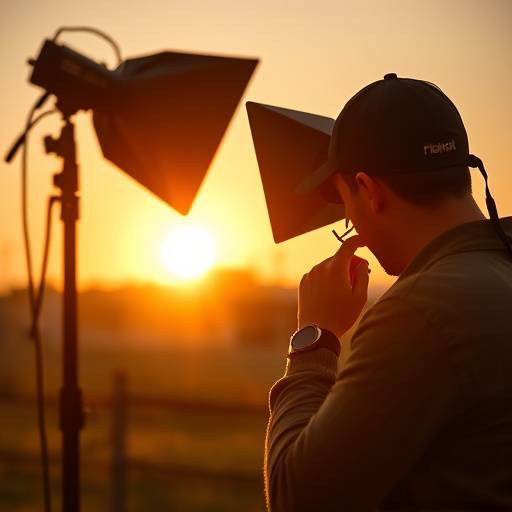 A photographer adjusting lighting in a modern photo studio with soft light beams.