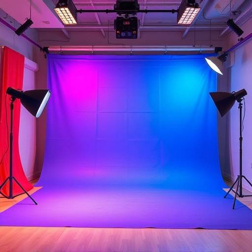 A vibrant studio space with interchangeable colored backdrops, ample power outlets, and adjustable color temperature lighting, suitable for dynamic content creation.