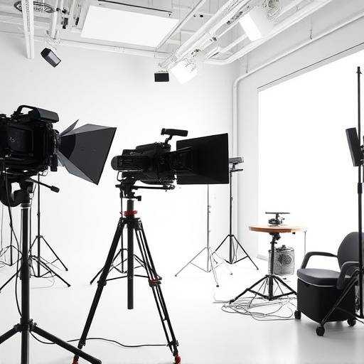 Brightly lit photography studio interior with modern equipment, ready for a photoshoot.