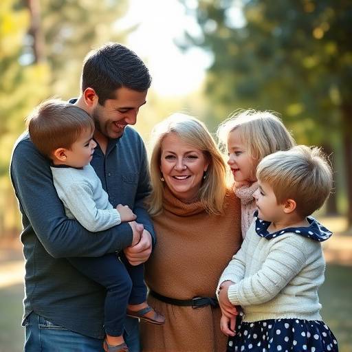 Family portrait outdoors with soft, natural light, showing genuine interaction between parents and children.