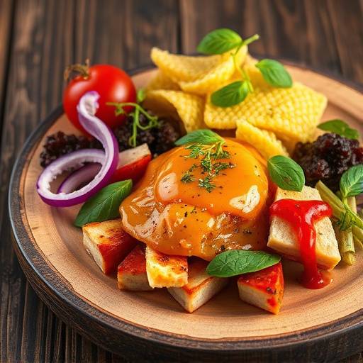 Food photography of a gourmet dish with vibrant colors and textures, presented on a rustic wooden table.