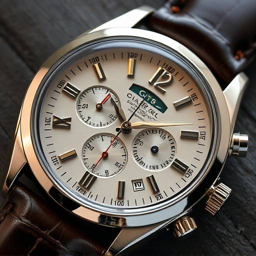 High-end watch photography with intricate details, showcasing polished metal and leather strap.