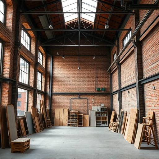 Industrial-style studio space with exposed brick and high ceilings for creative projects.