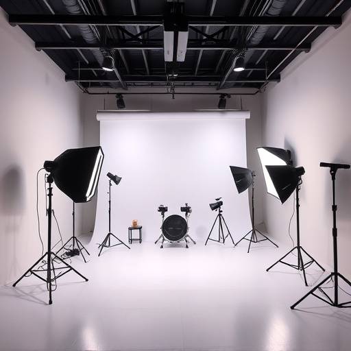 Interior shot of a modern photo studio with professional lighting equipment and a sleek design.