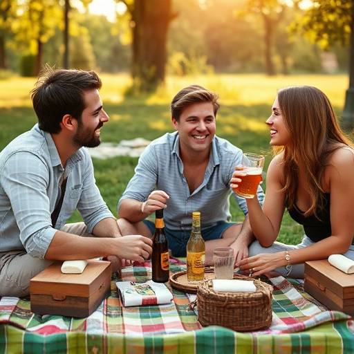 Lifestyle photograph for a beverage brand, showing friends enjoying a picnic with the product prominently featured.