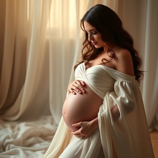 Maternity portrait session with soft, ethereal lighting and elegant fabrics, celebrating expectant motherhood.