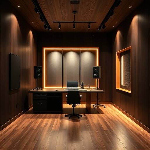 Modern studio with sophisticated dark wood accents, adjustable LED lighting, and a soundproof booth, ideal for product photography and interviews.