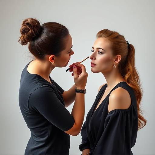 Professional makeup artist applying makeup to a model in a studio setting.