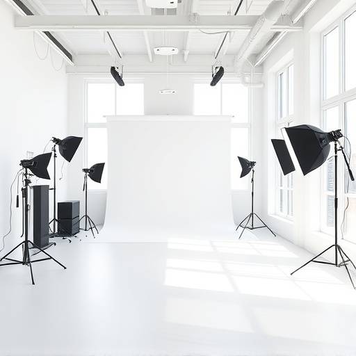 Spacious studio with abundant natural light and minimalist decor, featuring a large window and a versatile backdrop system.