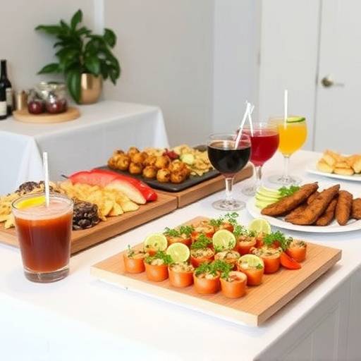 Variety of catered food items and beverages in a studio setting.