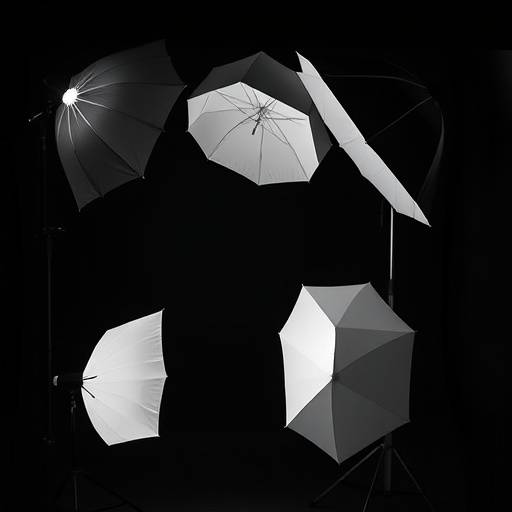 Various photography light modifiers like softboxes and umbrellas.